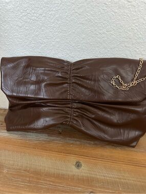 Brown Leather-Look Ruched Clutch with Gold Chain